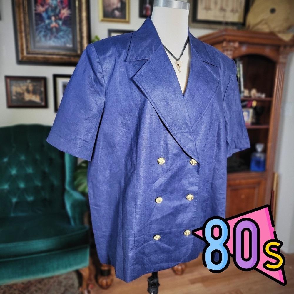 Sideffects Blue Blazer Vintage 80s Double Breasted Short Sleeve Gold Button 24W